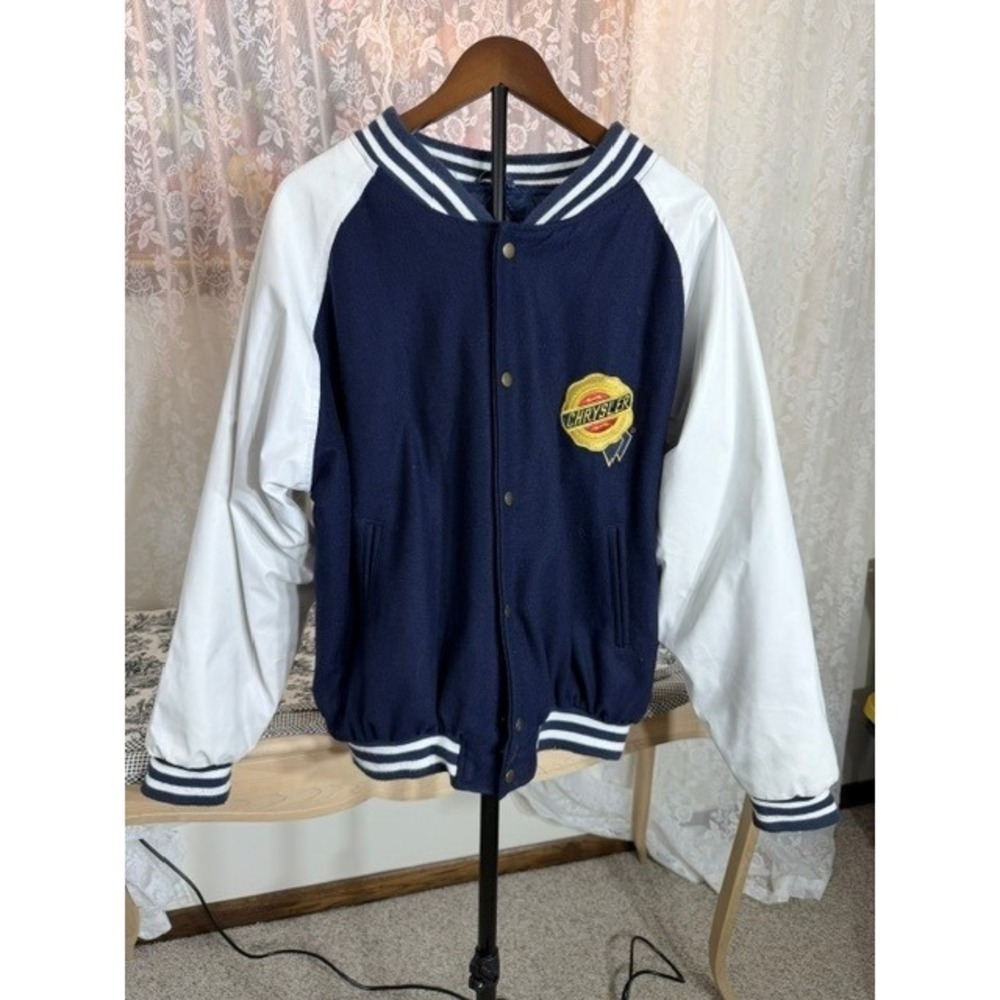 Chrysler Vintage Varsity Jacket Navy Blue White Faux Leather Wool Blend Large